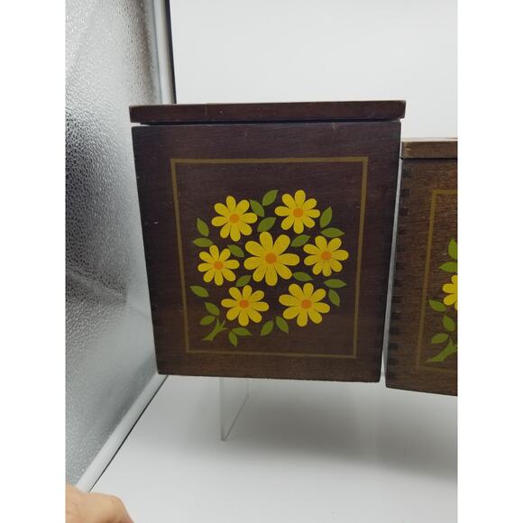 Imperial Hand Carved HardWood Canisters Yellow Flowers Japan Vintage Set nesting - Picture 6 of 16